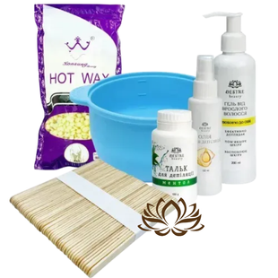 Набір для депіляції воском у гранулах Konsung Hot Wax 500 г, силіконовою чашею, олією, тальком, гелем від врослого волосся та шпателі